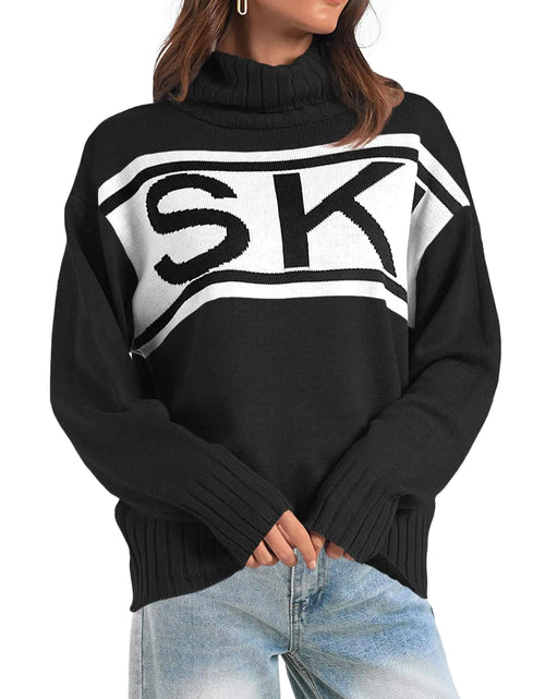 Load image into Gallery viewer, Saodimallsu Womens Turtleneck Sweaters Ski Print Long Sleeve Loose Ribbed Knit Color Block Trendy Pullover Tops Black

