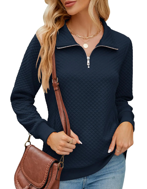 Load image into Gallery viewer, AKEWEI Womens Half Zip Pullover Sweatshirts Long Sleeve Sweaters Loose Fit Casual Y2K Clothes Navy Blue L
