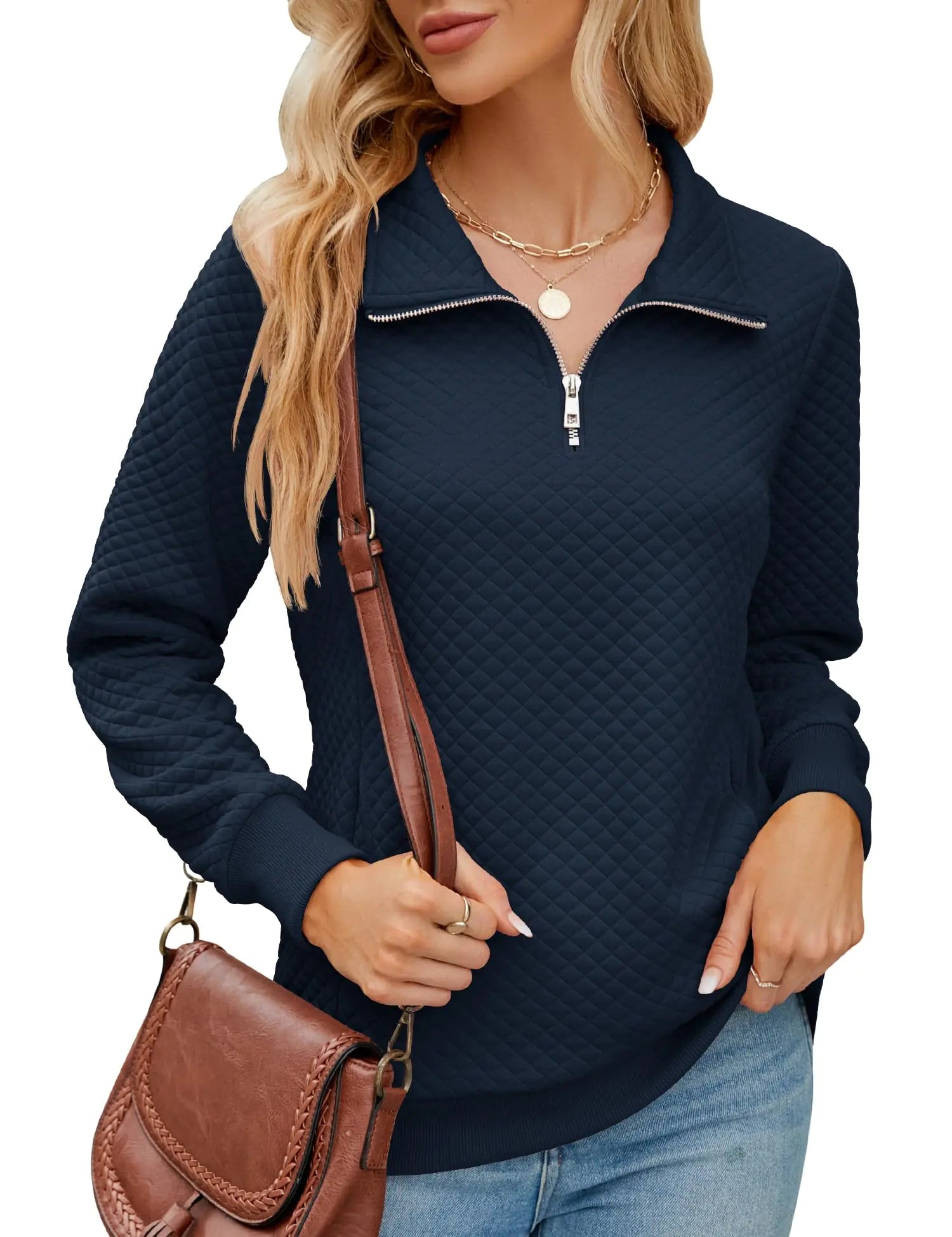 AKEWEI Womens Half Zip Pullover Sweatshirts Long Sleeve Sweaters Loose Fit Casual Y2K Clothes Navy Blue L