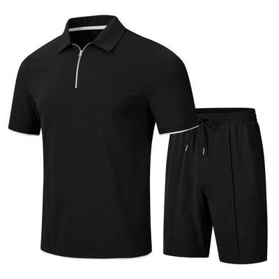MoFiz Mens Track Suits Shorts Sets Outfit 2 Piece Sets Quarter Zip Polo Shirt Short Sleeve & Shorts Jogging Casual Sweatsuit Sets Solid (Black XX-Large)