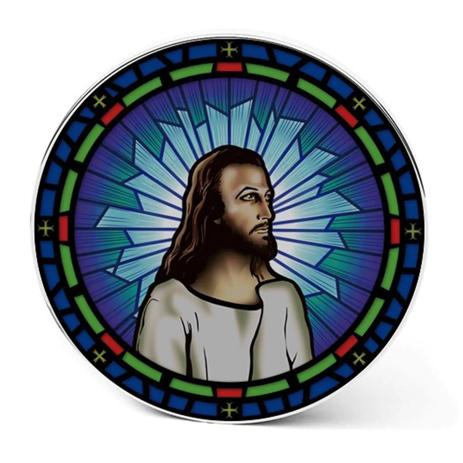 Cargador inalámbrico iluminado de Jesucristo con batería externa para carga por cable e inalámbrica. Cargador de teléfono portátil con fondo de vidrieras. El regalo cristiano perfecto