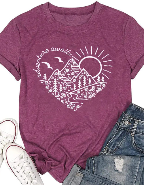 Load image into Gallery viewer, Adventure Awaits T-Shirt Women Outdoor Graphic Tee Shirt Nature Hiking Camping Tee Shirts Travel Shirt Purple
