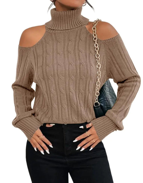 Load image into Gallery viewer, Langwyqu Womens Cold Shoulder Turtleneck Sweaters 2024 Fall Long Sleeve Soft Cable Knit Pullovers Sexy Jumper Tops Khaki
