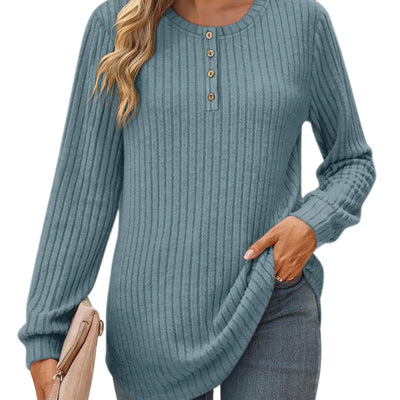 Eachyes Womens Long Sleeve Henley Tunic Tops Crew Neck Pullover Sweaters Loose Fit Dressy Casual Blue Small