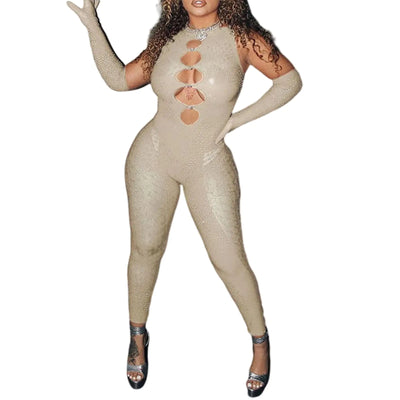 SUZONANA Sexy Jumpsuis Club Outfits for Women Black Bodycon Rompers Mesh Bodysuits Clubwear Birthday Off Shoulder Sleeveless Leopard Rhinestones Beige L
