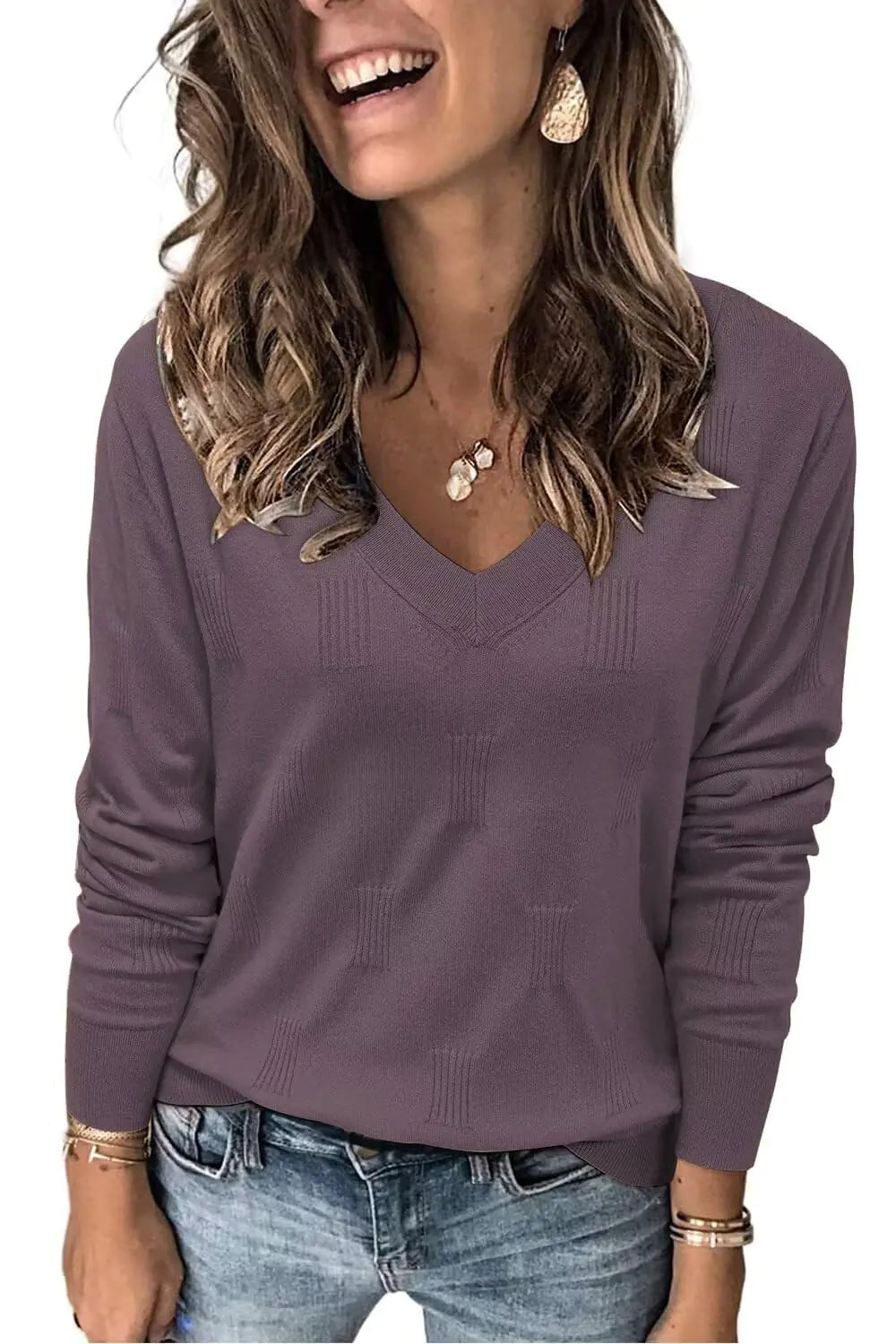 FEKOAFE 2024 Fall V Neck Sweaters for Women Long Sleeve Knit Soft Pullover Sweaters Purple XXL