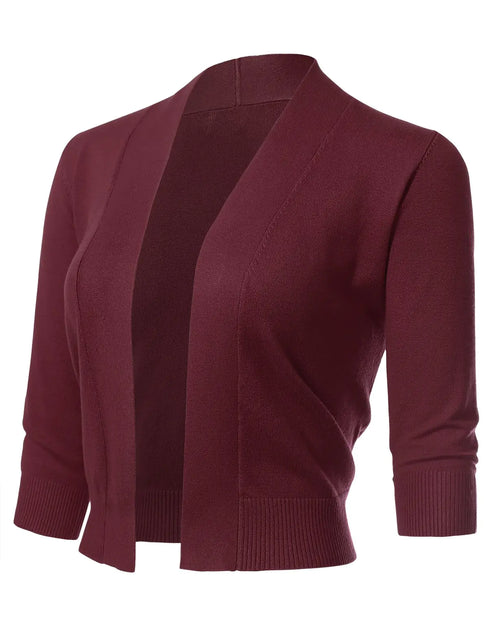 Cargar imagen en el visor de la galería, Allsense Cárdigan Bolero Corto de Punto Abierto con Manga 3/4 para Mujer, Color Borgoña, Talla Mediana
