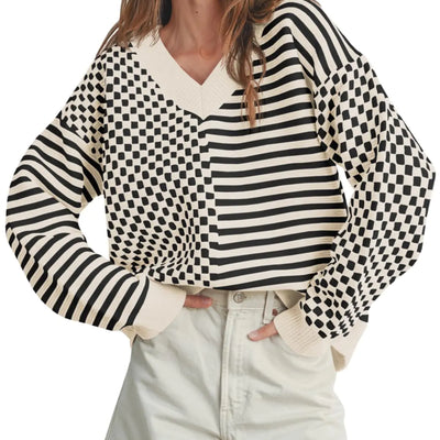 Saodimallsu Womens V Neck Sweaters Oversized Checkered Striped Fall Trendy Long Sleeve Knitted Loose Pullover Tops Apricot