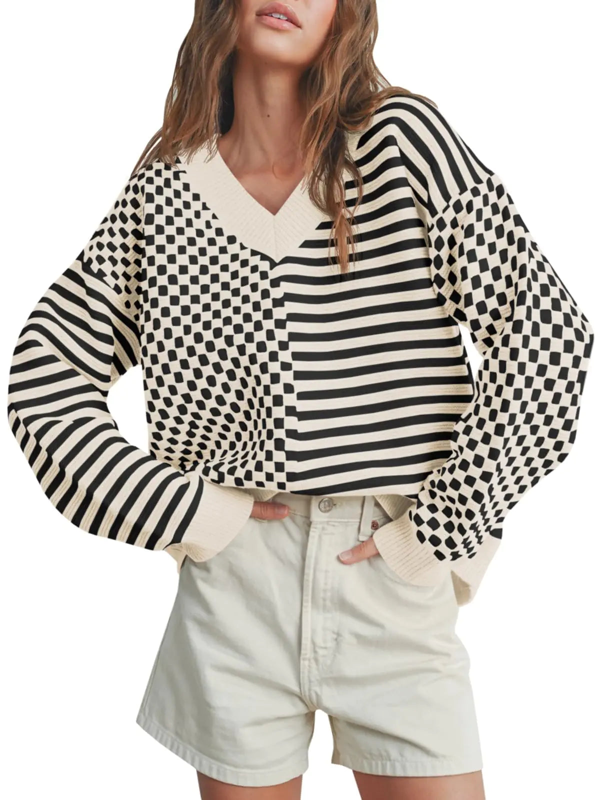 Saodimallsu Womens V Neck Sweaters Oversized Checkered Striped Fall Trendy Long Sleeve Knitted Loose Pullover Tops Apricot