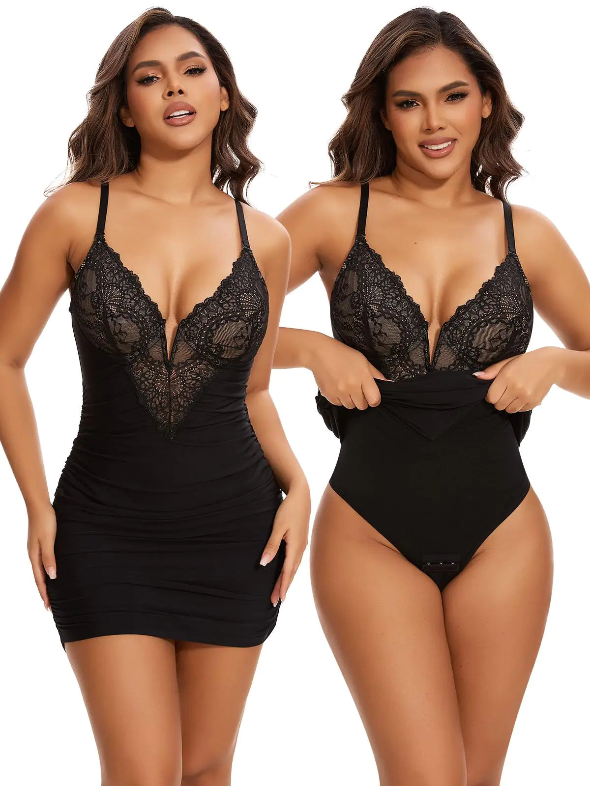 SHAPERIN Shapewear Dress Deep V-Neck Lace Corsets Summer Dresses Tummy Control Bodycon Mini Dresses for Women Black L