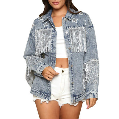 Oversized Denim Jacket for Women Embellished Stars Rhinestone Tassel Casual Jean Jacket Coat