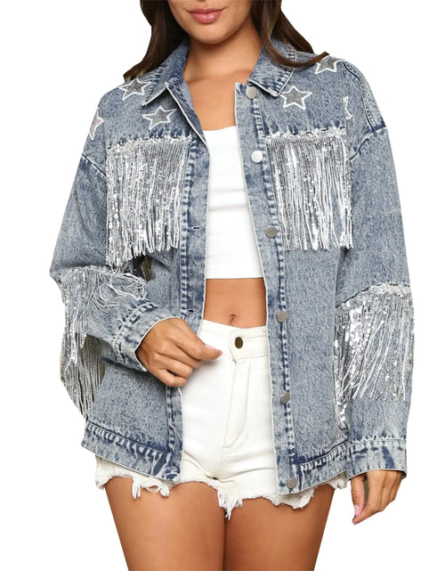 Load image into Gallery viewer, Oversized Denim Jacket for Women Embellished Stars Rhinestone Tassel Casual Jean Jacket Coat
