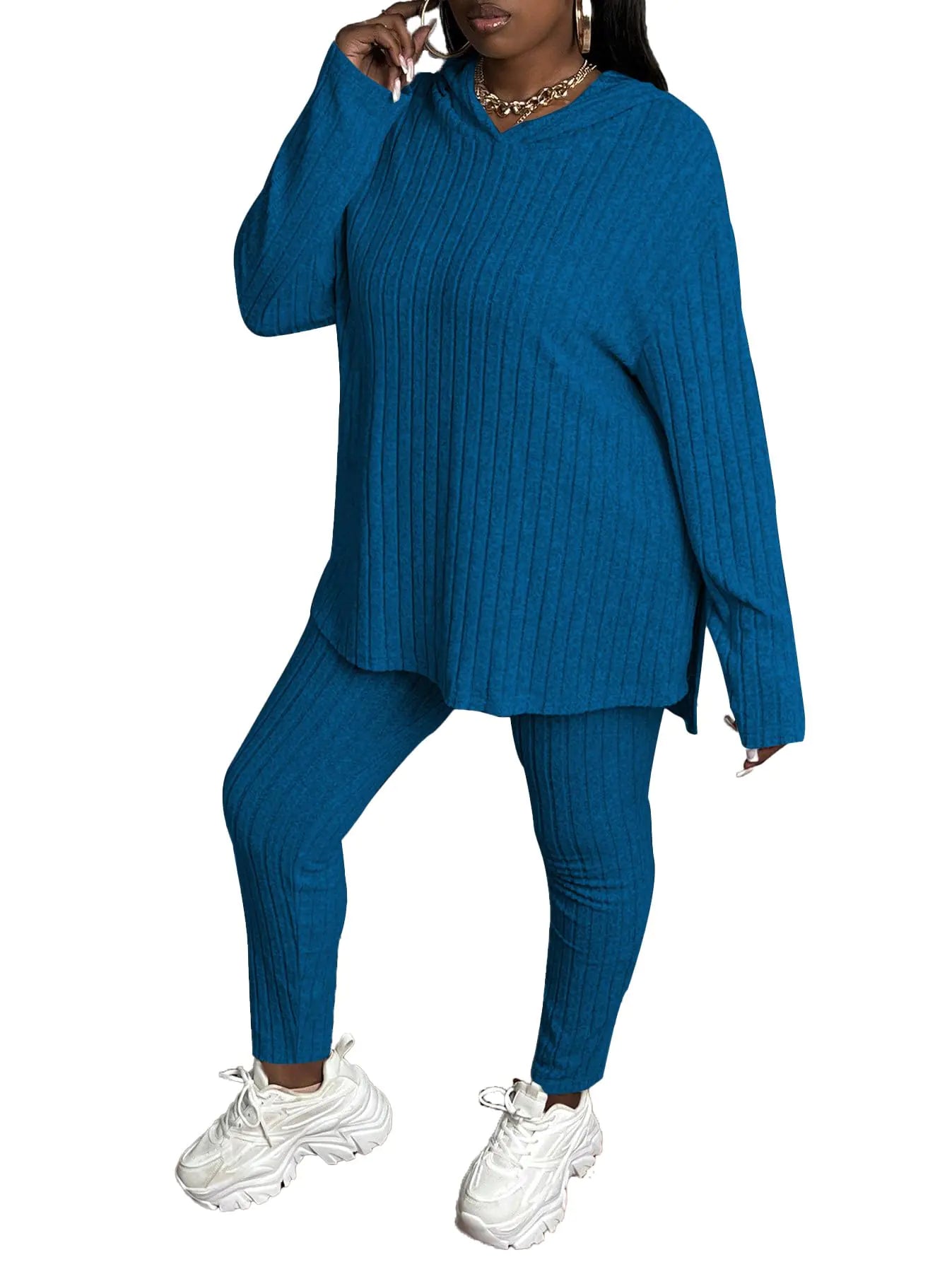 Tycorwd Womens Plus Size Two Piece Outfits Sweatsuits Sets Long Sleeve Hoodies Tracksuit Lounge Sets Blue 2XL