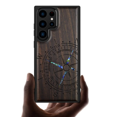 Carveit Funda de Madera de Diseño para Samsung Galaxy S23 Ultra [Grabado en Madera e Incrustaciones de Concha] Funda de Teléfono de Madera Única Compatible con Cargadores Inalámbricos Galaxy S23 Ultra (Brújula-Madera Negra)