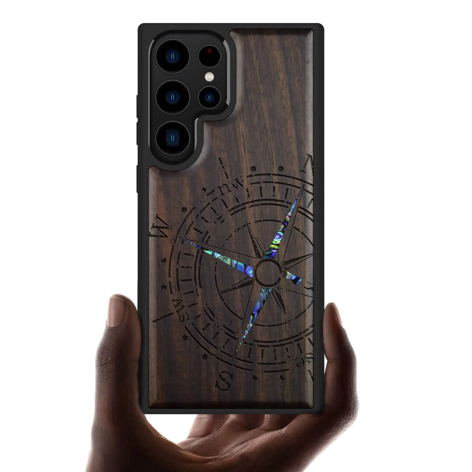 Carveit Funda de Madera de Diseño para Samsung Galaxy S23 Ultra [Grabado en Madera e Incrustaciones de Concha] Funda de Teléfono de Madera Única Compatible con Cargadores Inalámbricos Galaxy S23 Ultra (Brújula-Madera Negra)