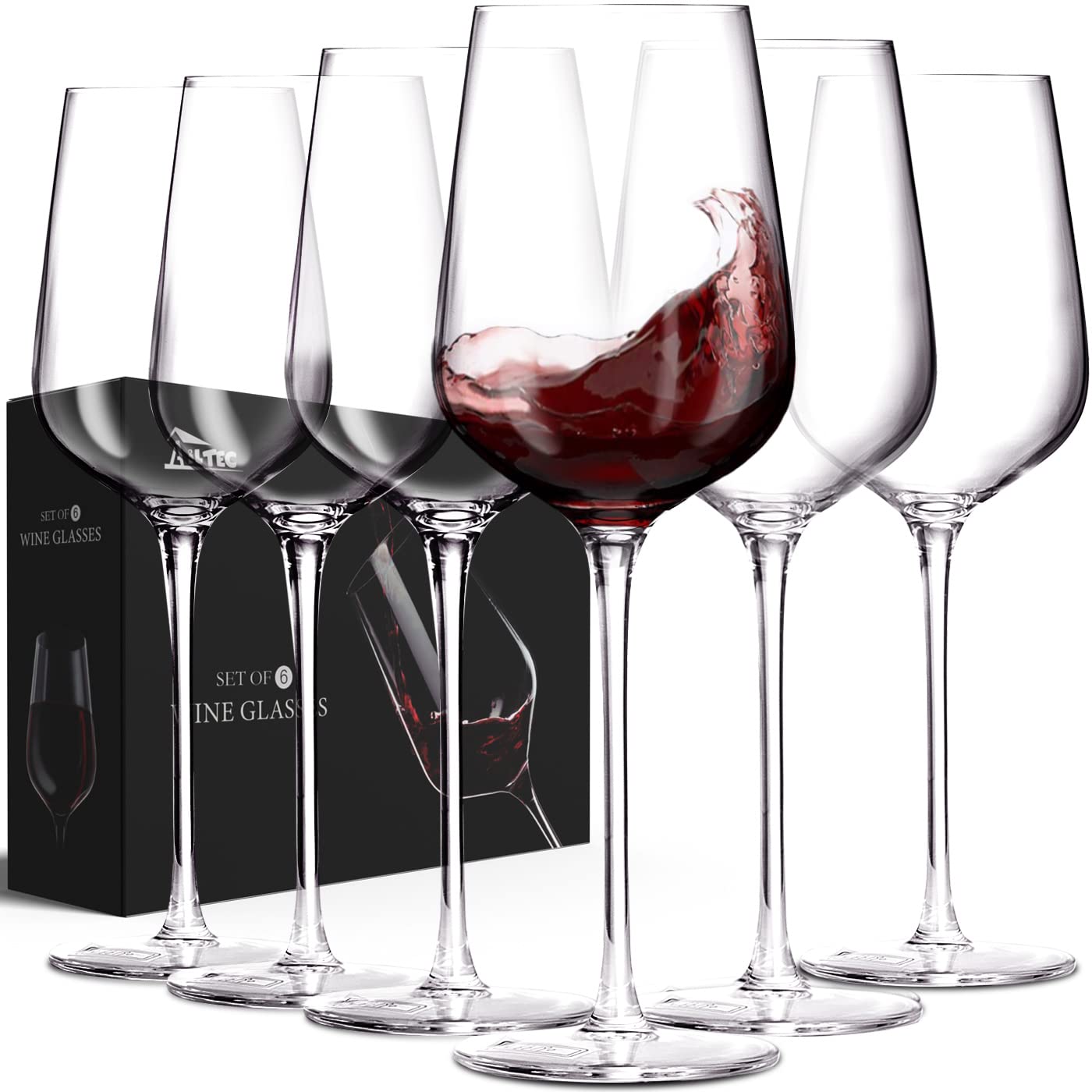 AILTEC Wine Glasses Set of 6 Crystal Glass with Stem for Drinking Red/White/Cabernet Wine as Gifts Sets Clear Lead-Free Premium Blown Glassware (19oz6 pack)