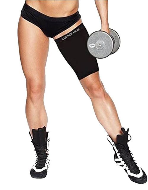Charger l'image dans la visionneuse de galerie, THIGH Compression Recovery Sleeve by COPPER HEAL - Recover from Sore Pulled Hamstring &amp; Groin Strain Sprains Tendinitis Injury Quadriceps Muscle Tear Quad Support Sports workout Soccer leg
