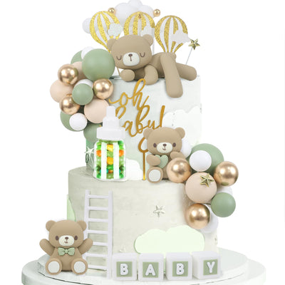 Acmee 44 piezas de adornos para tartas de oso verde - Mini oso 3D letras BABY biberón bolas de espuma verde y dorada adornos para tartas para fiestas de cumpleaños de niños y niñas, decoraciones para tartas de baby shower
