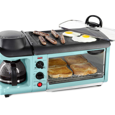 Nostalgia Estación de Desayuno 3 en 1 - Incluye Cafetera, Plancha Antiadherente y Horno Tostador de 4 Rebanadas - Versátil Desayunador con Temporizador - Aqua