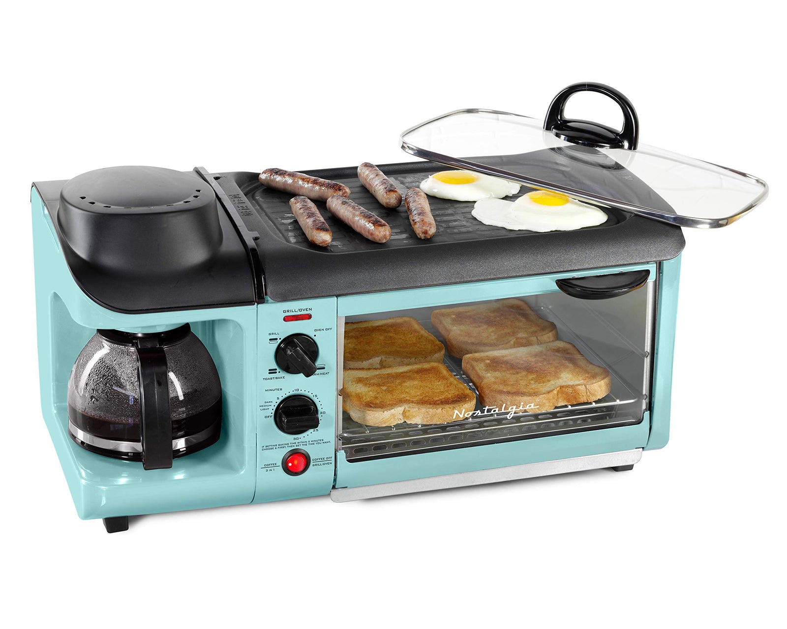 Nostalgia Estación de Desayuno 3 en 1 - Incluye Cafetera, Plancha Antiadherente y Horno Tostador de 4 Rebanadas - Versátil Desayunador con Temporizador - Aqua