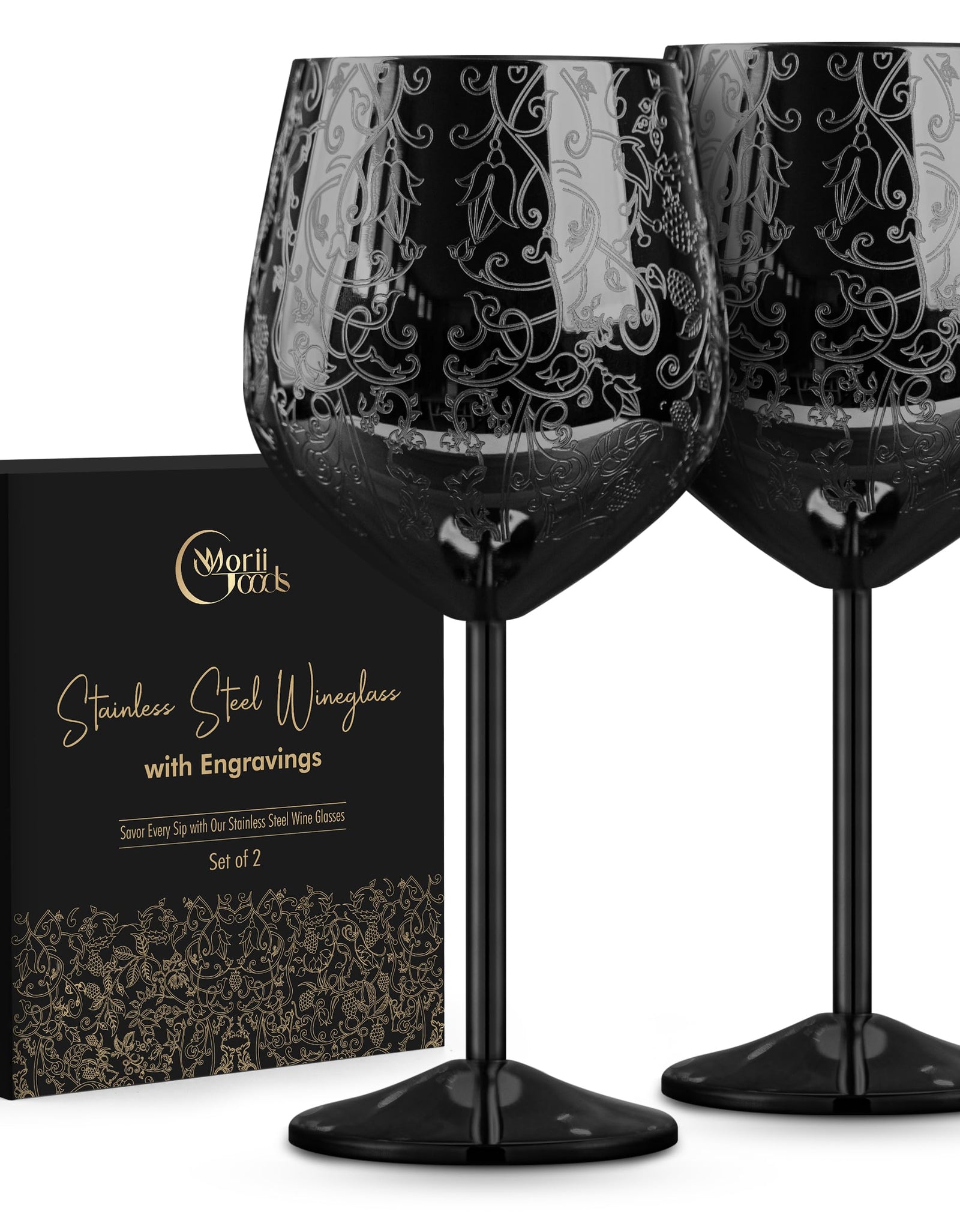 Morii Goods Stainless Steel Wine Glasses - Set of 2 Etched Wine Glasses Unbreakable Black Wine Glasses for Travel Camping and Pool Fancy Wine Glasses for Women and Men