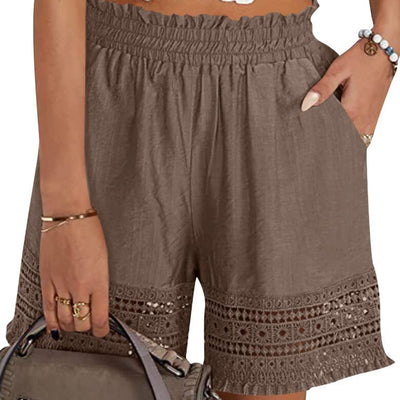 Shorts for Women Casual Elastic Waist Yoga Lounge Shorts Comfy Stretch Lace Trim Summer Beach Linen Ruffle Shorts Brown