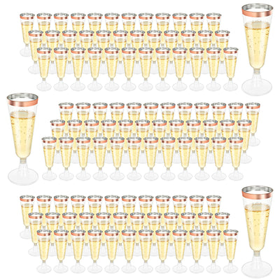 FVIEXE 100 Pack Plastic Champagne Flutes 5Oz Disposable Champagne Glasses Rose Gold Rim Wine Champagne Flute Glasses Clear Plastic Toasting Glass Mimosa Cocktail Cups for Bar Parties Wedding (160ml)