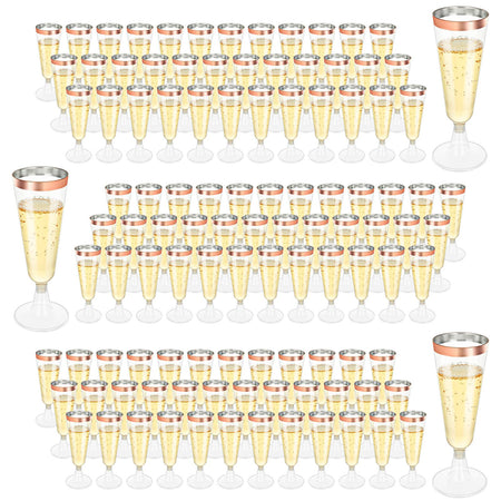 FVIEXE 100 Pack Plastic Champagne Flutes 5Oz Disposable Champagne Glasses Rose Gold Rim Wine Champagne Flute Glasses Clear Plastic Toasting Glass Mimosa Cocktail Cups for Bar Parties Wedding (160ml)