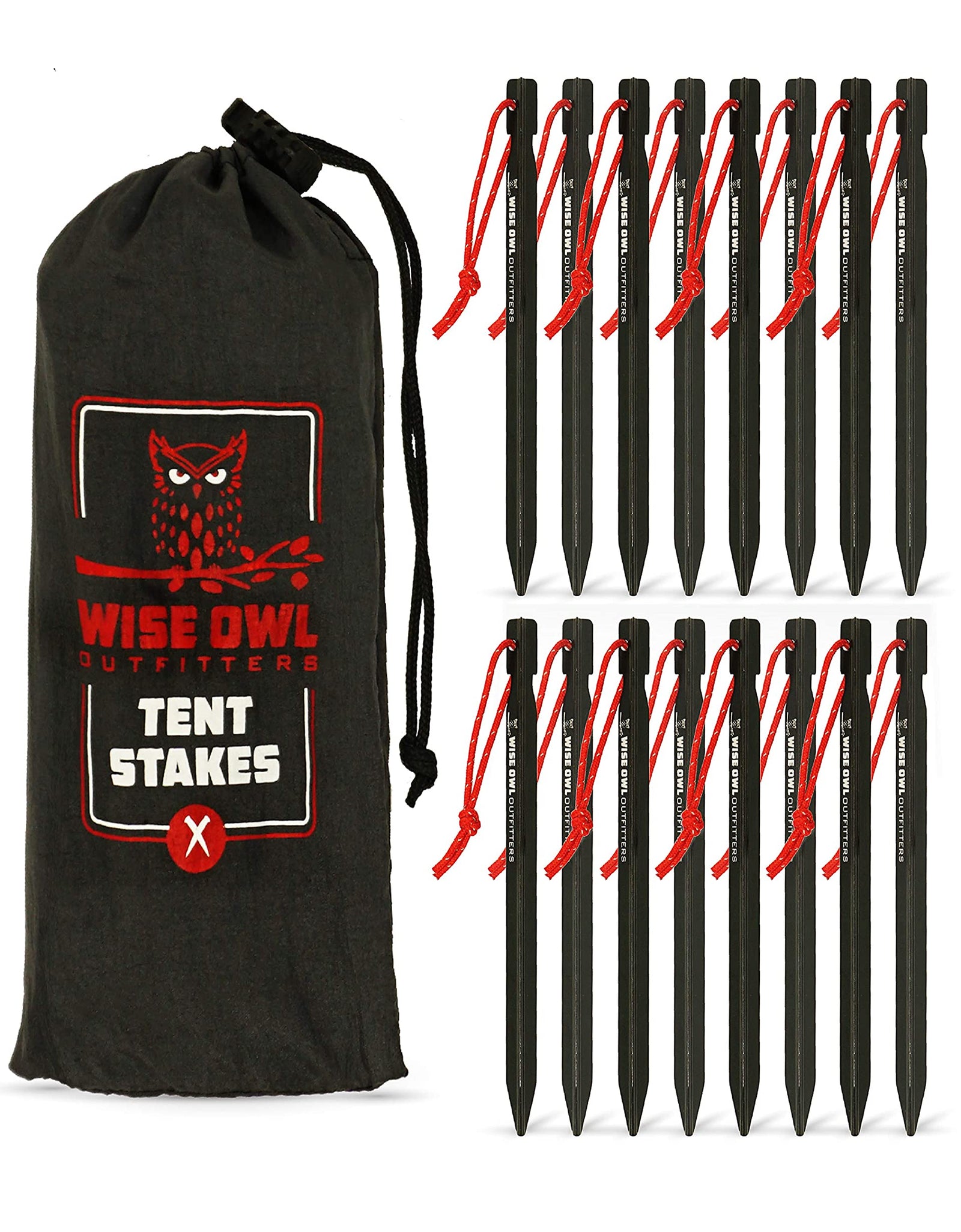 Wise Owl Outfitters Tent Stakes - Heavy Duty Camping Stakes for Outdoor Tent & Tarp - Essential Camping Accessories Available in 12pk or 16pk Black