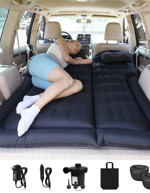 Cargar imagen en el visor de la galería, ISWEES Car Bed SUV Air Mattress Car Air Mattress with Home Power Adapter Electric Air Pump 2 Inflatable Pillows and 2 Footrests for Back Seat Trunk Sleeping -Thickened Camping Air Mattress Black
