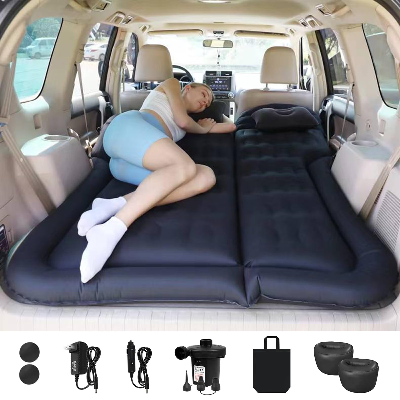 ISWEES Car Bed SUV Air Mattress Car Air Mattress with Home Power Adapter Electric Air Pump 2 Inflatable Pillows and 2 Footrests for Back Seat Trunk Sleeping -Thickened Camping Air Mattress Black