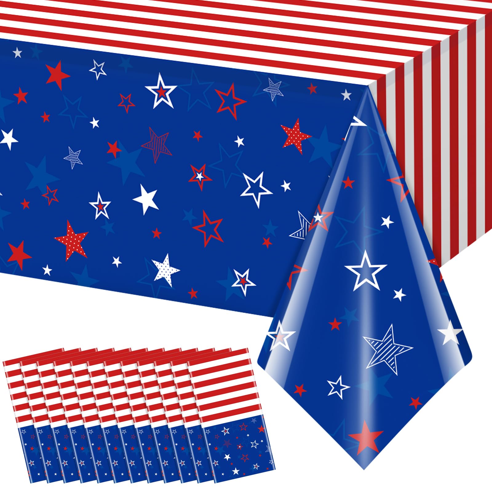 12Pcs Patriotic Tablecloths for 4th of July DecorationsRed White Blue Star Plastic Disposable Table Cover for Fourth of July Memorial Patriotic Day Independence Veterans Day Party Supplies54x108Inch