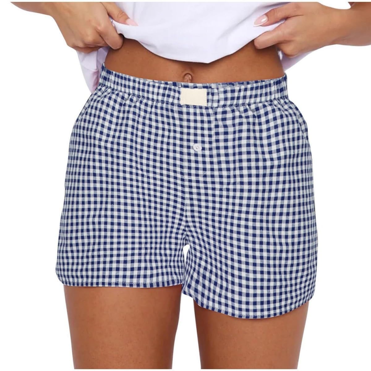 TISDEN Women Pajamas Shorts Y2k Elastic Waist Plaid Boxer Shorts Cute Gingham Sleep Lounge Shorts Bottoms Dark Blue