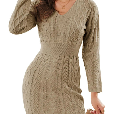 Dokotoo Womens 2024 Fall Sweater Dresses Elasticity V Neck Bodycon Cable Knit Mini Dresses Long Sleeve Elegant Oversized Khaki Pullover Jumper Sweaters Large