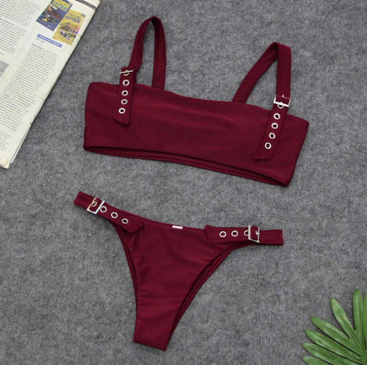 Solid Color Bikini Set with Buckle Swimwear