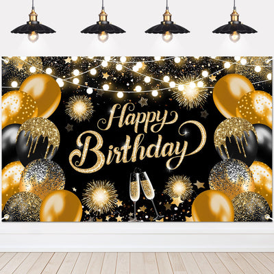 Lecheme Telón de fondo de feliz cumpleaños negro y dorado de 6x4 pies Pancarta de feliz cumpleaños negra y dorada Fondo de fotos de feliz cumpleaños Telón de fondo de fotos de cumpleaños con purpurina Decoraciones de fiesta