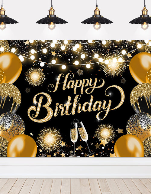 Cargar imagen en el visor de la galería, Lecheme Telón de fondo de feliz cumpleaños negro y dorado de 6x4 pies Pancarta de feliz cumpleaños negra y dorada Fondo de fotos de feliz cumpleaños Telón de fondo de fotos de cumpleaños con purpurina Decoraciones de fiesta
