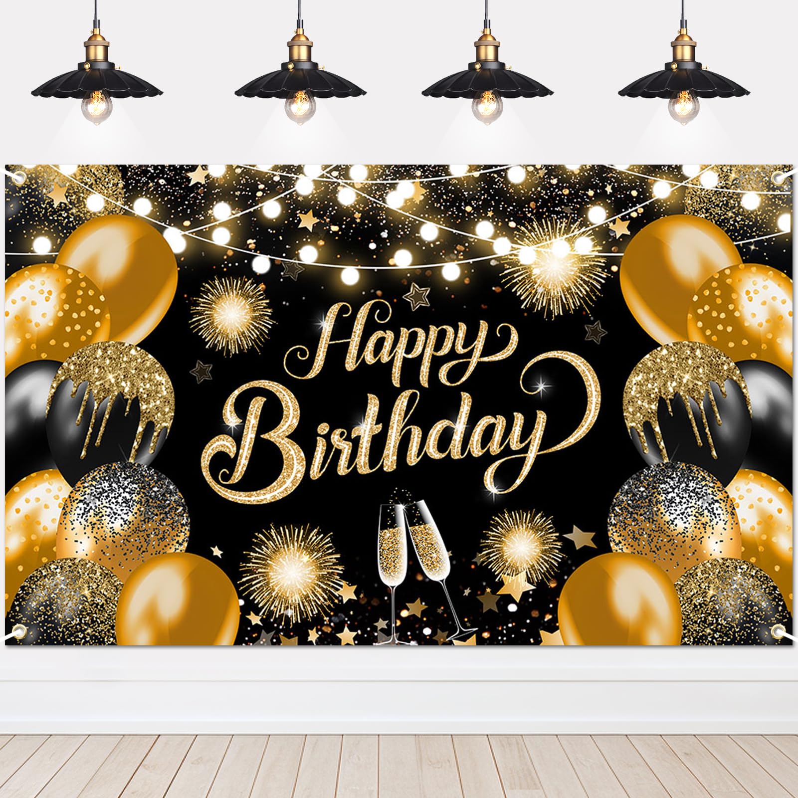 Lecheme Telón de fondo de feliz cumpleaños negro y dorado de 6x4 pies Pancarta de feliz cumpleaños negra y dorada Fondo de fotos de feliz cumpleaños Telón de fondo de fotos de cumpleaños con purpurina Decoraciones de fiesta