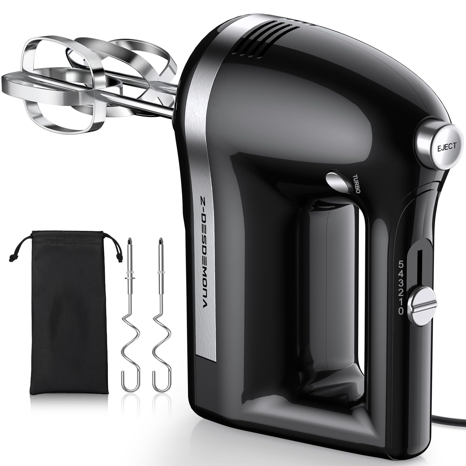 Z-DESDEMONA Batidora de mano eléctrica potente de 300 W, batidora de mano eléctrica con batidores 304, gancho para amasar, batidora de mano con turbo para hornear pasteles, huevos, crema, alimentos (negro)
