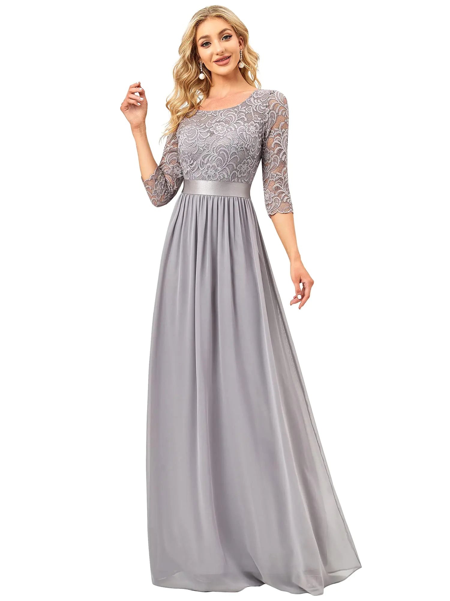 Ever-Pretty Womens Bridesmaid Dresses 3/4 Sleeve Empire Waist Maxi Mother of The Bride Dresses Grey US8