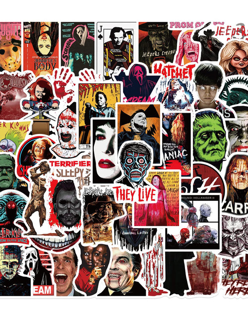 Load image into Gallery viewer, Gxizlba 50 Pcs Horror Stickers Horror Movies Scary Movie Gifts Spooky Decorations Halloween Party Gifts Sticker Kids Teens Adults DIY Bumper Helmet Journal Phone Laptops Decals
