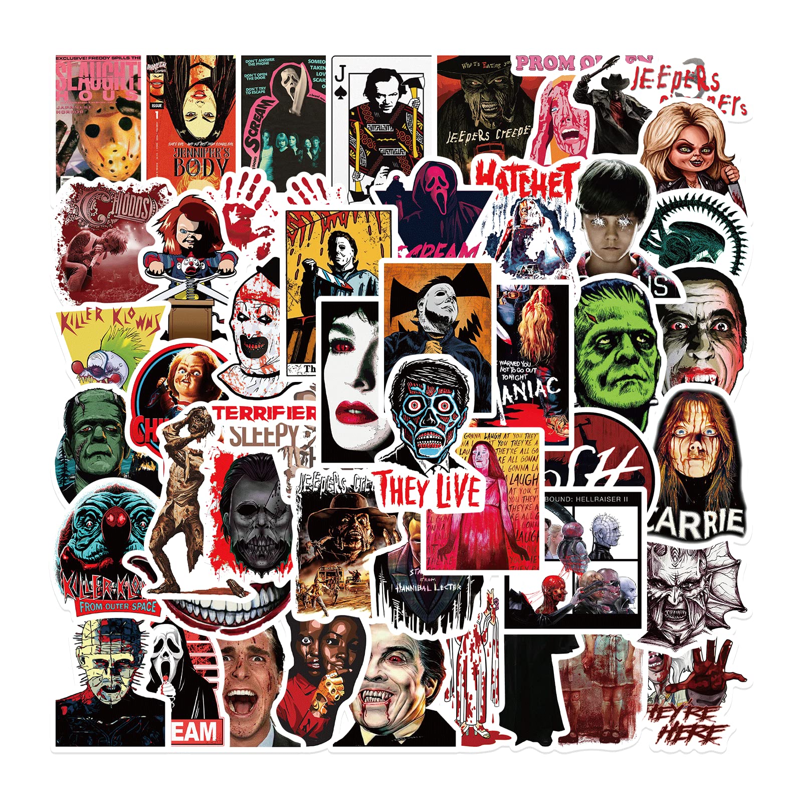 Gxizlba 50 Pcs Horror Stickers Horror Movies Scary Movie Gifts Spooky Decorations Halloween Party Gifts Sticker Kids Teens Adults DIY Bumper Helmet Journal Phone Laptops Decals