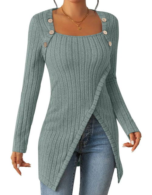 Cargar imagen en el visor de la galería, MLXSJ Suéteres asimétricos ligeros para mujer, camisas de manga larga, blusas tipo túnica informales con botones para otoño (verde claro XL)
