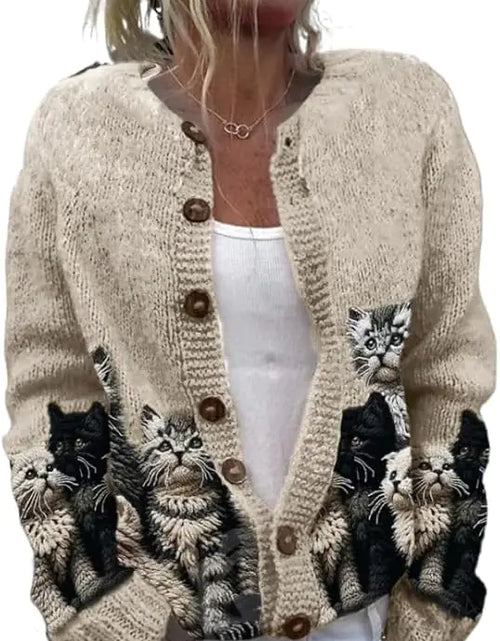 Cargar imagen en el visor de la galería, Suéteres de gato para mujer, cárdigan de gran tamaño, suéter de punto con botones estilo Y2K, suéteres lindos con diseño de gato (talla M estadounidense, corte normal, diseño de gato)
