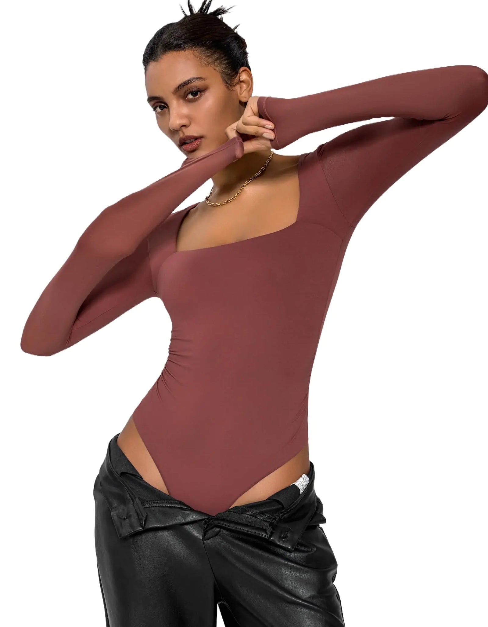 Avidlove Bodysuits Sexy Femme Hauts d'automne Manches Longues Col Carré Bodys Double Doublure Froncé Une Pièce String Bodys (FuchsiaXX-Large)