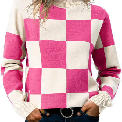 Saodimallsu Suéter de cuello alto para mujer, de punto, a cuadros, con bloques de color, a la moda, de manga larga, holgado, de punto, rosa