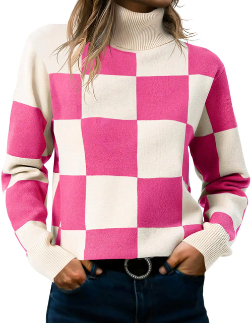 Cargar imagen en el visor de la galería, Saodimallsu Suéter de cuello alto para mujer, de punto, a cuadros, con bloques de color, a la moda, de manga larga, holgado, de punto, rosa
