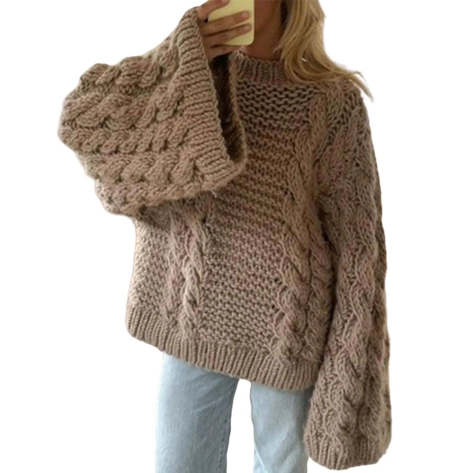 NRTHYE Suéter de punto trenzado extragrande para mujer, tops de manga larga sueltos, cuello redondo, suéteres gruesos y holgados