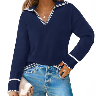 ZESICA Womens V Neck Sweaters Spring Long Sleeve Oversized Collar Knit Pullover Jumper TopsNavyMedium