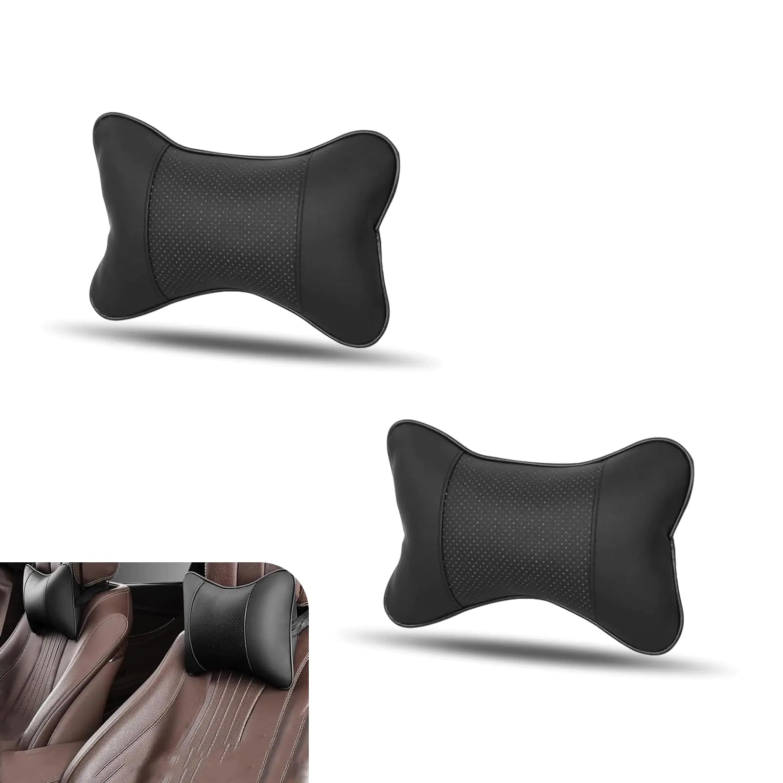 JawGrew 2 Almohadas Cervicales para Asiento de Coche 18cm x 27cm Diseño de Hueso Microfibra Transpirable Cuero PU Cómodo Soporte Alivio de Presión del Cuello Almohadilla Universal Cuatro Estaciones Accesorios de Coche (Negro)